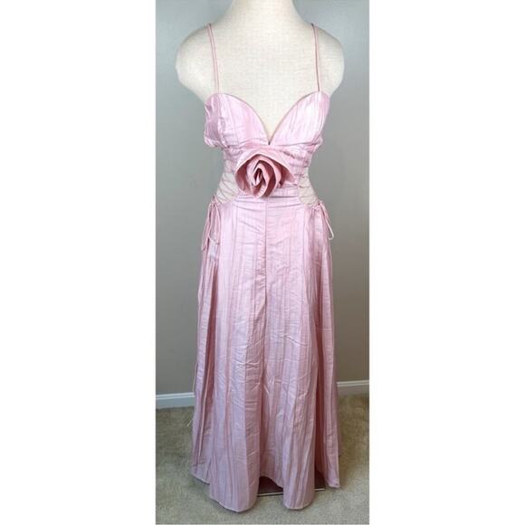 For Love & Lemons Gwenyth Rosette Lace Up Side Cutout Pink Maxi Gown Size Medium - Picture 6 of 12